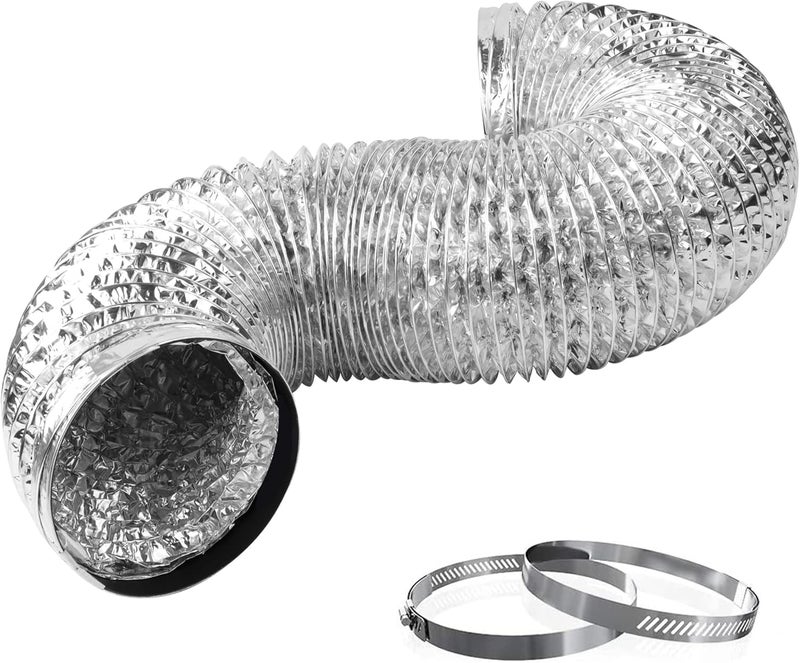 HYDROWE Dryer Vent Hose Flexible PVC Aluminum Foil Ducting Dryer Vent Hose for HVAC Ventilation with 2 Clamps (4in 5ft Silver) - Image 1